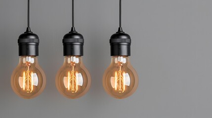 Three vintage edison light bulbs against gray background