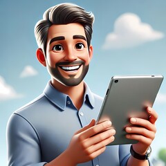 Businessman with Digital Tablet in Outdoor Setting - 3D cartoon of a professional with a tablet outdoors, symbolizing workplace flexibility, digital productivity, and mobile business environments.