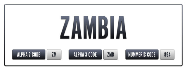 Zambia. Illustration with ISO 3166-1 Country Code.  ISO Alpha-2, Alpha-3 and Numeric code. Two three letters and numbers.