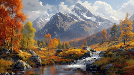 Autumn mountain scene with crystal-clear stream and vibrant foliage  