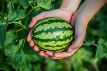 A Delightful Small Watermelon Cradled in Hands on a Sunny Summer Day