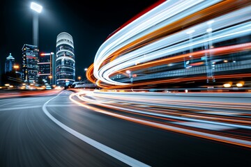 Dynamic night cityscape with light trails and modern skyscrapers