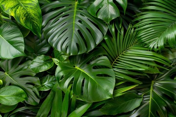 Vibrant green tropical leaf texture with diverse foliage patterns
