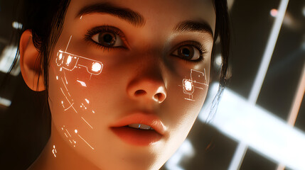 A next-gen AI that tracks emotional shifts in human facial expressions and adjusts its response accordingly in a futuristic, immersive digital world.