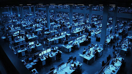 Vast open office area filled with rows of desks, computer monitors, and workers, creating a sense of scale and intense activity.