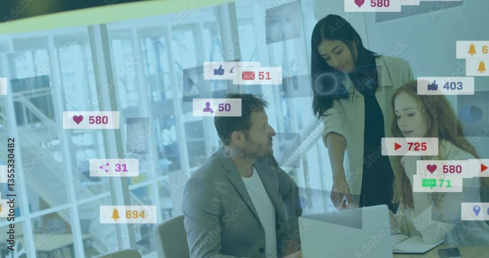 Poster collaborating on project, diverse team using animation with social media icons