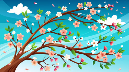 Tree branches with beautiful tiny flowers against blue sky, space for text. Amazing spring blossom