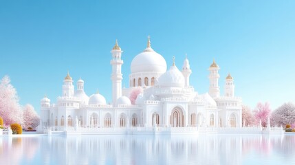 Obraz premium Grand white mosque, serene setting, with a calm, reflective pond and cherry blossoms
