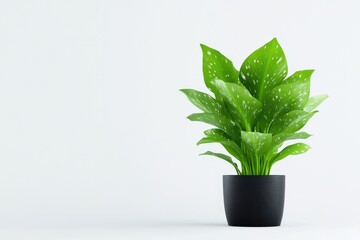 Potted plant, minimalist aesthetic.  A vibrant, healthy-looking houseplant in a dark pot, against a plain white background.  