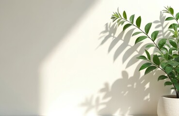 Minimalist design with green plant leaves shadows on white wall. Clean background for online meetings. Simple home decor with natural light and subtile organic arrangement, copy space available.