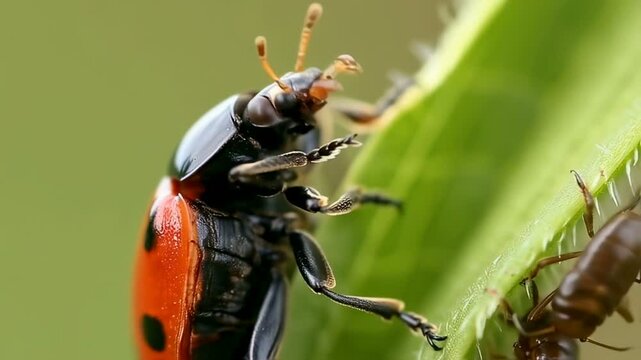 A macro close-up of a ladybug, showcasing its mouth, antennae and exoskeletons. Generative AI content.