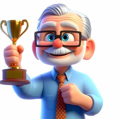 Senior Businessman Holding Gold Trophy - Smiling senior professional holding a golden trophy, symbolizing achievement, recognition, and career success.