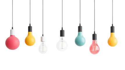 Colorful Lightbulbs Hanging Against Transparent Background, PNG