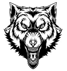 Schwarz-weiße Darstellung eines fauchenden Wolfskopfs von vorn. Ideal für Tattoos, Wappen, Totems, Fantasy, Ausmalbilder oder Symbolik von Wildheit, Schutz und Instinkt.