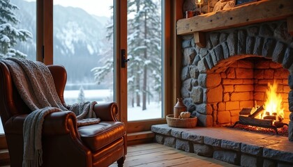 Cozy rustic cabin interior features stone fireplace leather armchair. Inviting warm atmosphere with a snowy view outside the window. Home decor relaxation, perfect Zoom background or home decor.