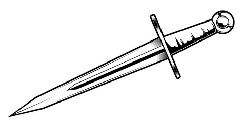 Schwarz-weiße Darstellung eines Dolchs mit Kreuzgriff. Ideal für historische Themen, Fantasy, Symbolik, Ausmalbilder, Abenteuerdesigns oder mittelalterliche Requisiten.