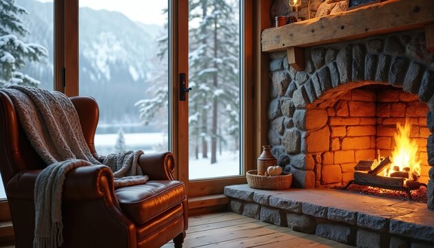 Cozy rustic cabin interior features stone fireplace leather armchair. Inviting warm atmosphere with a snowy view outside the window. Home decor relaxation, perfect Zoom background or home decor.