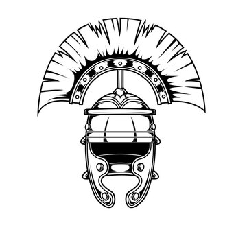 Schwarz-wei&szlig;e Darstellung eines r&ouml;mischen Galea-Helms mit gro&szlig;em Helmbusch, frontal. Perfekt f&uuml;r Antike, Rom, Legion&auml;re, Ausmalbilder, Reenactment oder klassische Symbolik.