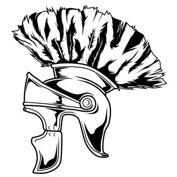 Schwarz-wei&szlig;e Darstellung eines r&ouml;mischen Pr&auml;torianer Helms mit Federbusch. Ideal f&uuml;r Antike, Milit&auml;rgeschichte, Rom, Legion&auml;re, Ausmalbilder oder symbolische Motive.