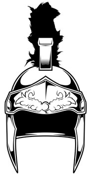Schwarz-wei&szlig;e Darstellung eines verzierten antiken r&ouml;mischen Helms mit Helmbusch in Frontalansicht. Perfekt f&uuml;r Fantasy, Antike, Kriegerdesigns, Ausmalbilder oder historische Themen.