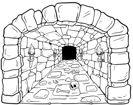 Schwarz-wei&szlig;e Darstellung eines alten Dungeon-Gangs mit Fackeln und Skelettresten. Ideal f&uuml;r Fantasy, Rollenspiele, Abenteuerdesigns, Ausmalbilder und d&uuml;stere Szenen.
