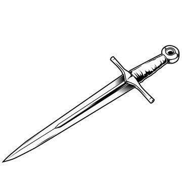 Schwarz-wei&szlig;e Darstellung eines Dolchs mit Parierstange und Ringknauf. Ideal f&uuml;r Mittelalter, Fantasy, Ausmalbilder, historische Waffen oder Abenteuermotive.