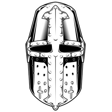 Schwarz-wei&szlig;e Darstellung eines Ritterhelms mit Kreuzsymbol. Perfekt f&uuml;r Mittelalter, Kreuzz&uuml;ge, Geschichte, Fantasy, Ausmalbilder oder symbolische Designs.