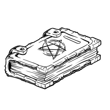 Schwarz-wei&szlig;e Darstellung eines alten Zauberbuchs mit Pentagramm-Symbol. Ideal f&uuml;r Magie, Hexerei, Fantasy, Okkultismus, Rollenspiele, Ausmalbilder oder d&uuml;stere Designs.