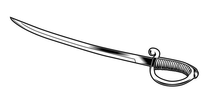 Schwarz-wei&szlig;e Darstellung eines eleganten S&auml;bels mit Korbgriff. Ideal f&uuml;r historische Themen, Duelle, Reenactment, Ausmalbilder oder klassische Waffensammlungen.