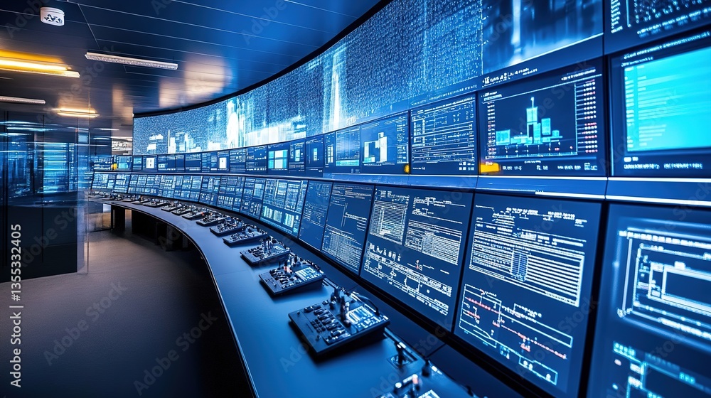 Poster a next-gen industrial control center running quantum-optimized logistics.