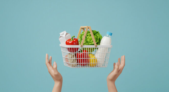 A conceptual and minimalist stock image depicting a modern shopping basket suspended above a pair of outstretched hands, symbolizing online shopping, grocery delivery
