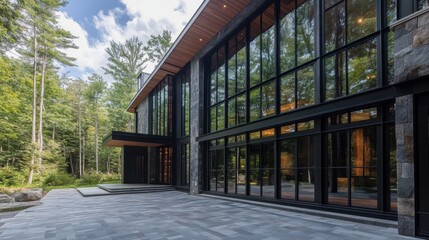 Obraz premium Modern forest retreat glass house nestled in natures embrace.