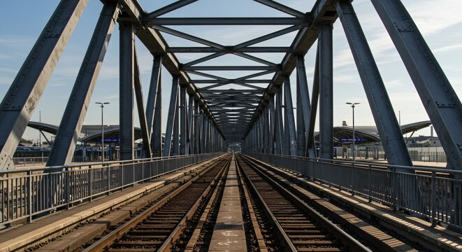 Metal railway track under intricate structure, perspective view for design, construction and travel industry, engineering and transport infrastructure