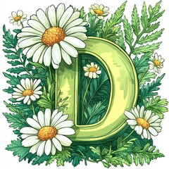 Floral letter D, daisies & ferns.  Green, white, illustration