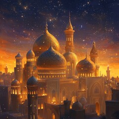 artistic rendering of golden domes glowing during twilight, intricate engravings highlighted by warm light, surrounded by vibrant starry skies
