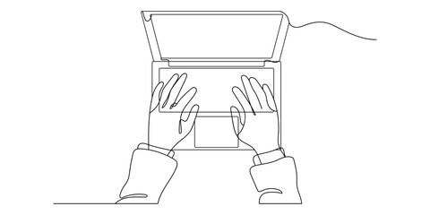 Continuous line drawing of hands typing on laptop. Hand drawn single line vector illustration