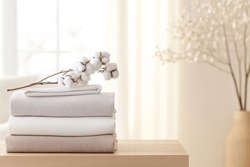Fototapeta premium Minimalist soft home decor with cotton plants and folded linens in neutral tones