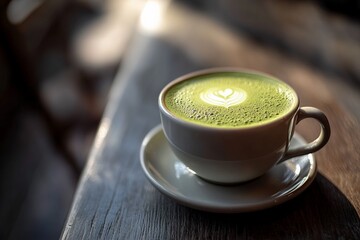 Creamy matcha latte in white cup on wooden table with heart latte art