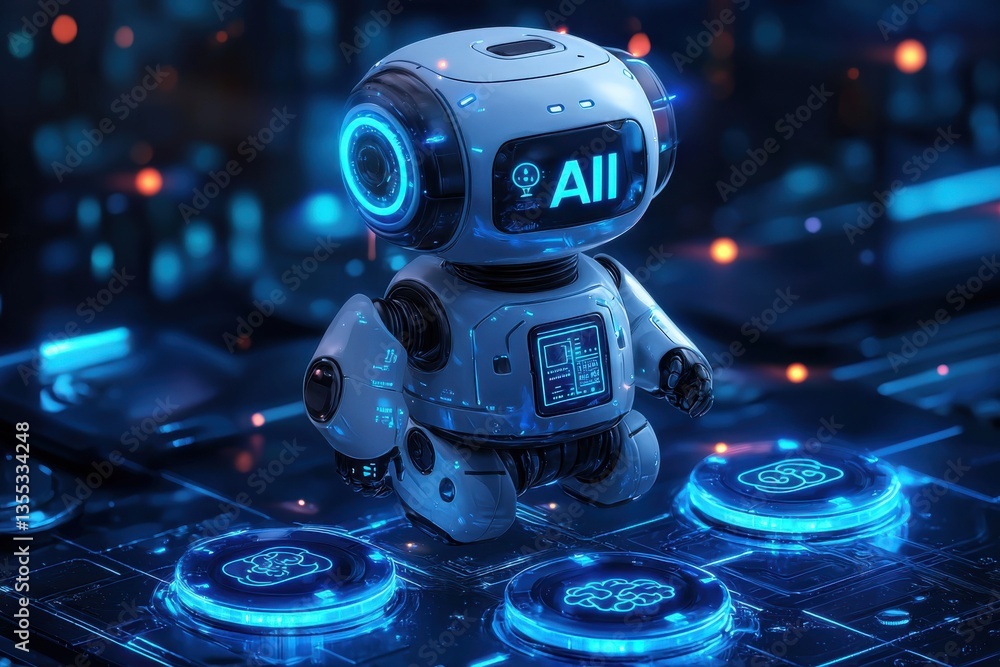 Poster cute futuristic robot with neon glowing interface in sci-fi environment
