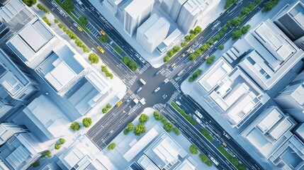 A Top-Down View of a Modern Urban City Center with High-Tech Office Buildings, Smart Roads, Autonomous Electric Vehicles, and Innovative Infrastructure