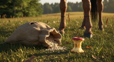 Fototapeta premium Horse Grazing in Meadow with Burlap Sack and Apple Core