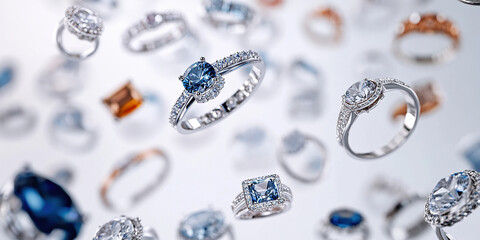 An elegant array of rings with colored gemstones and clear stones, set in silver and gold bands, sparkling on a white background.