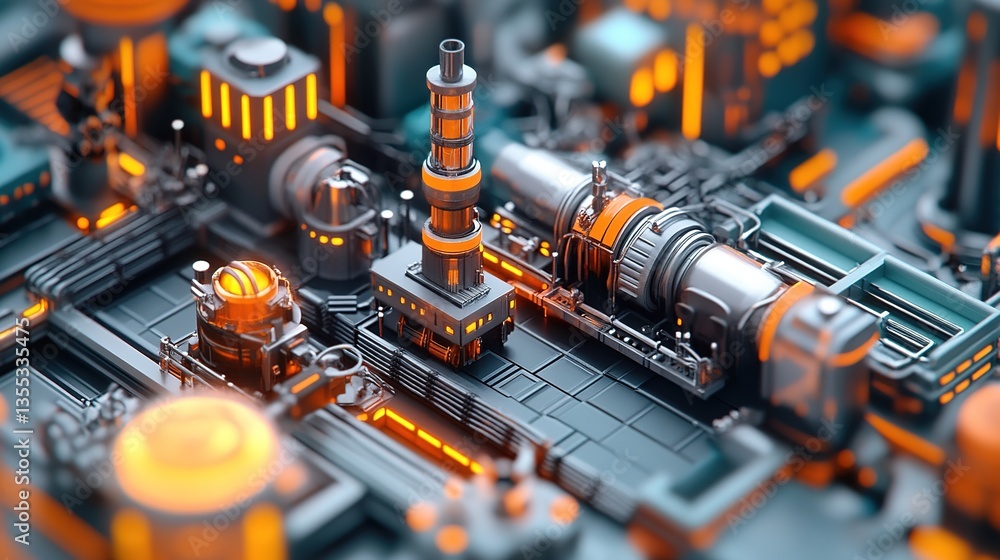 Poster a self-assembling nano-robot factory creating high-tech industrial components.