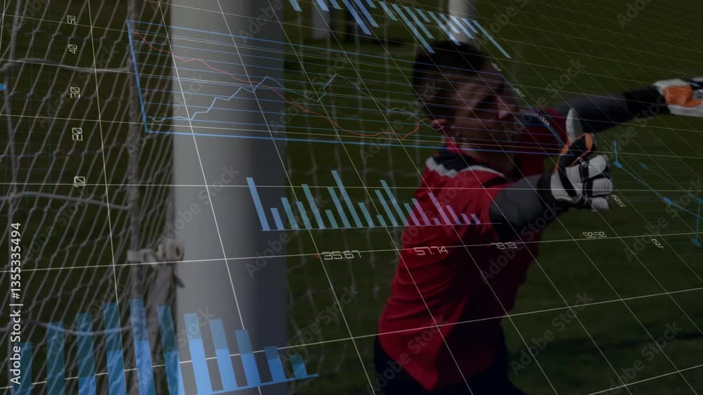 Poster goalkeeper making save with animation of financial data charts overlaying scene