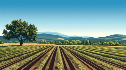 Serene agricultural landscape with rows of crops and a tree under a clear sky