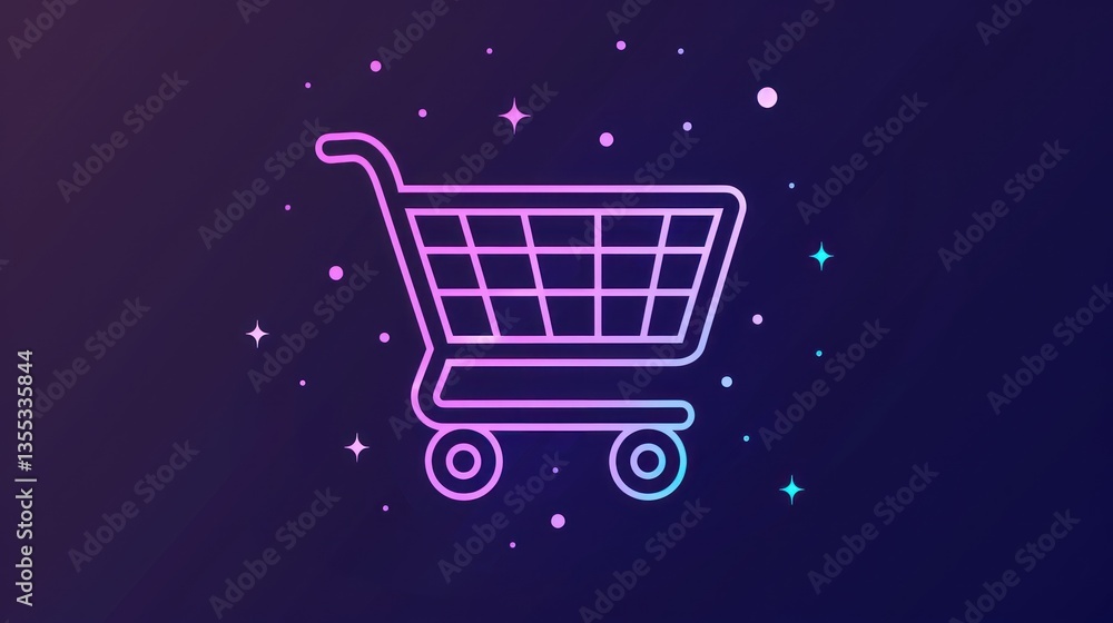 Poster shopping cart icon with sparkles on dark background for ecommerce and retail design