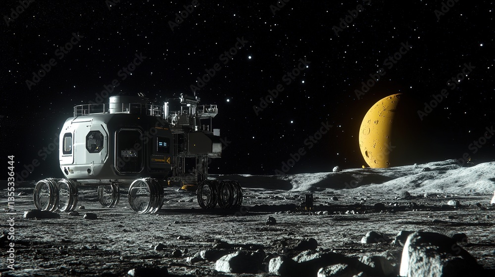Poster an advanced lunar factory using automation for space industry production.