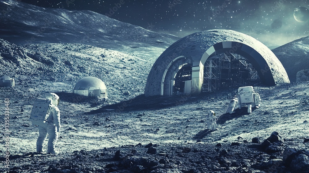 Poster an advanced lunar factory using automation for space industry production.