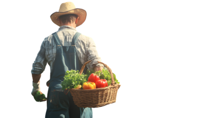 A farmer carrying a basket of fresh vegetables wearing overalls and a straw hat ideal for agr