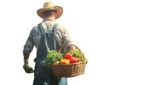 A farmer carrying a basket of fresh vegetables wearing overalls and a straw hat ideal for agr